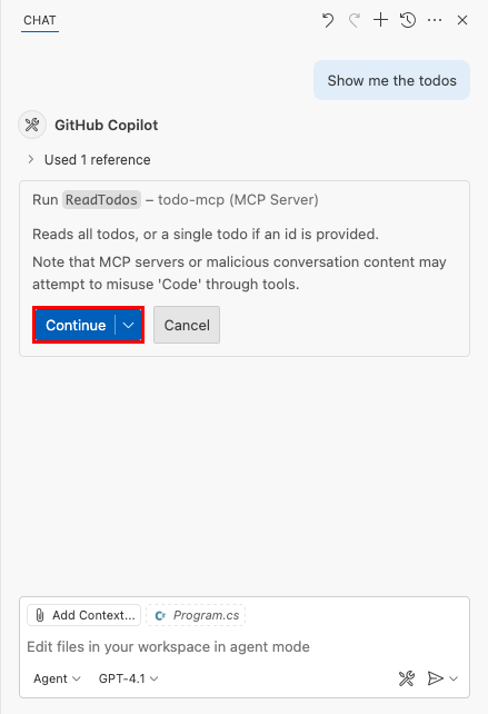 GitHub Copilot Chat での MCP 呼び出しからの既定のセキュリティ メッセージを示すスクリーンショット。