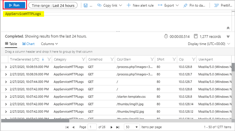 Log Analytics ワークスペースの App Service HTTP ログ