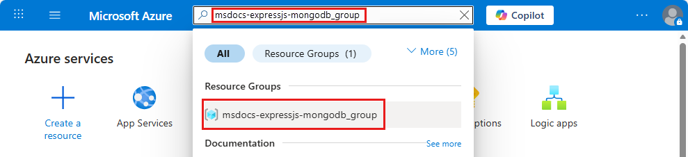 Azure portal でリソース グループを検索し、そこに移動する方法を示すスクリーンショット。