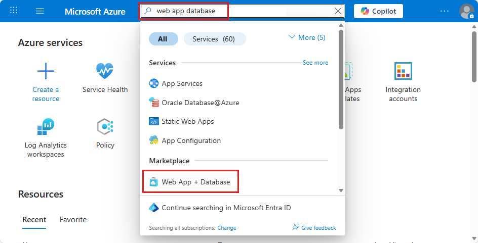 上部にあるツール バーの検索ボックスを使用して、Web アプリとデータベースの作成ウィザードを検索する方法を示すスクリーンショット。