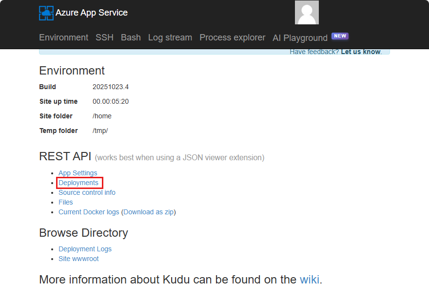 ホスティング環境に関するさまざまな情報が表示されている Kudu SCM アプリのメイン ページのスクリーンショット。
