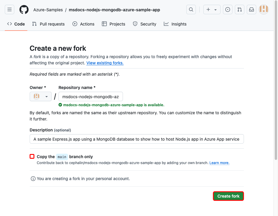 サンプル GitHub リポジトリのフォークを作成する方法を示すスクリーンショット。