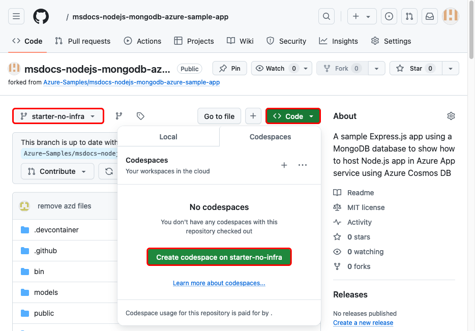 GitHub で codespace を作成する方法を示すスクリーンショット。