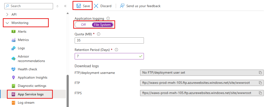 Azure portal で App Service のネイティブ ログを有効にする方法を示すスクリーンショット。