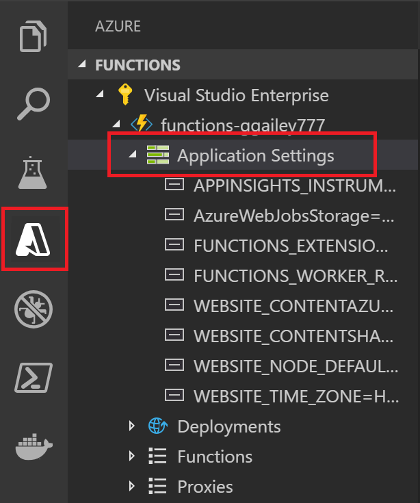 Visual Studio Code で関数アプリの設定を表示するスクリーンショット。