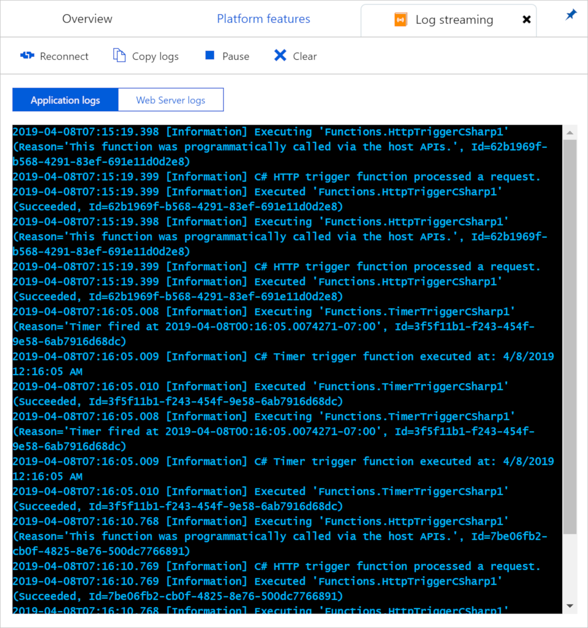 ポータルでストリーミング ログを表示する方法を示すスクリーンショット。