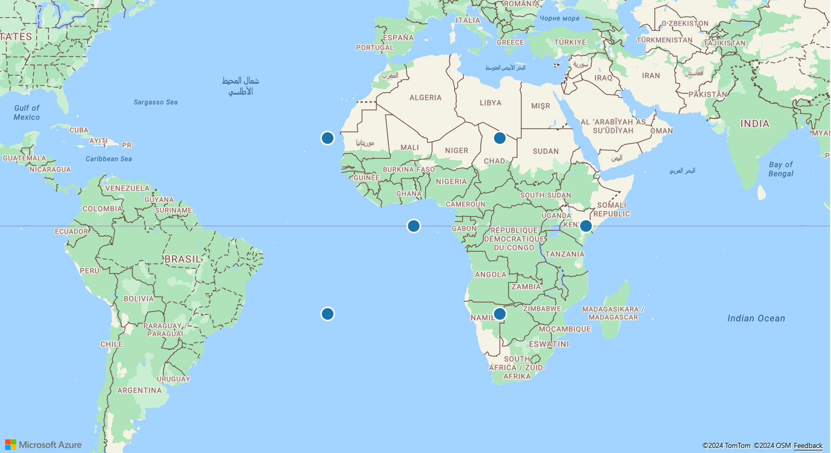 6 つの青いドットがあるマップのスクリーンショット。