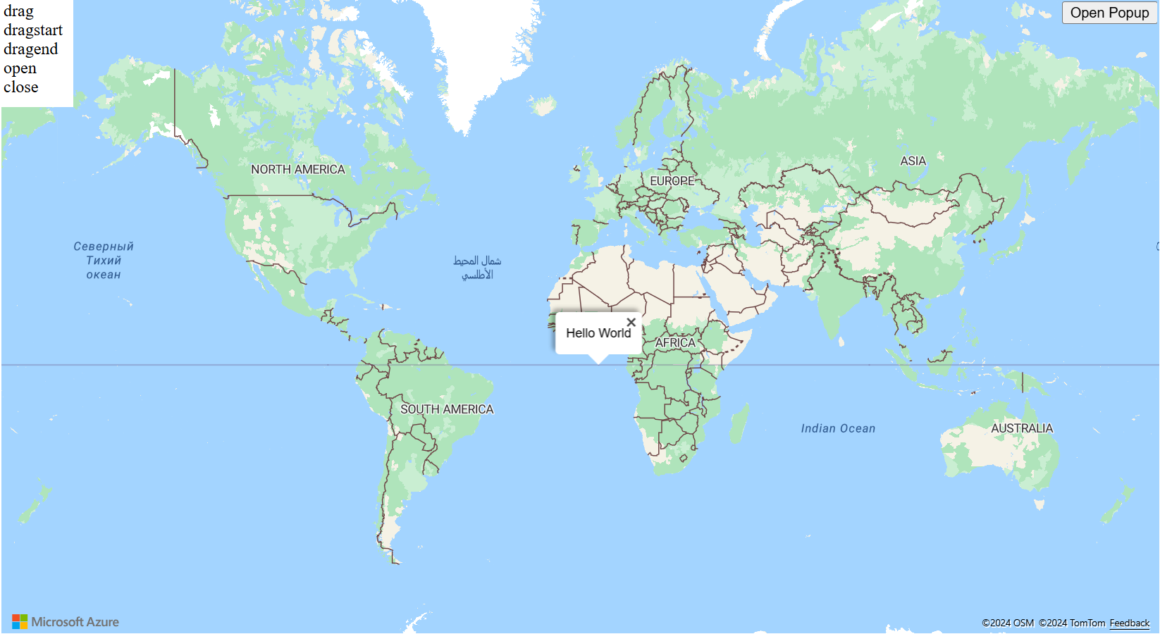 中央にポップアップがあり、ユーザーがポップアップを開いたり閉じたりドラッグしたりしたときに強調表示されるイベントのリストが左上にある世界のマップのスクリーンショット。