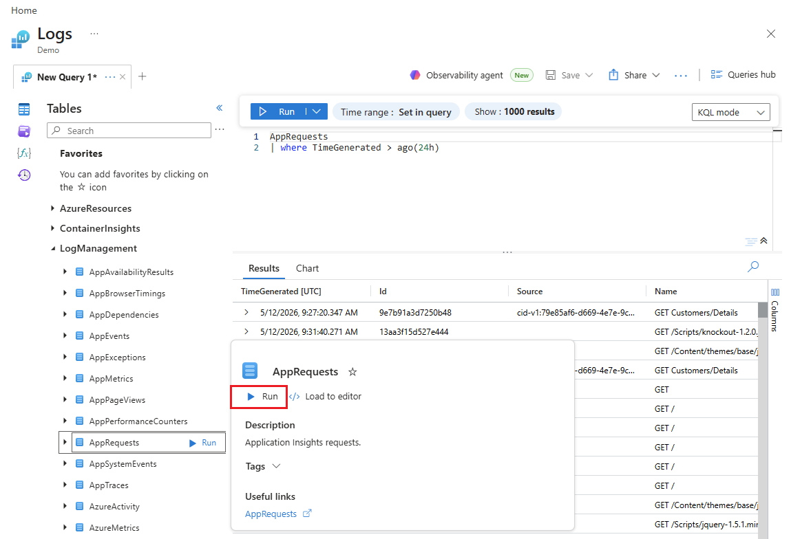 AppRequests テーブルのプレビュー データを示すスクリーンショット。