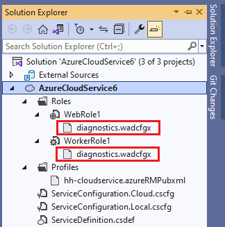Azure Cloud Services ソリューション エクスプローラーの診断ファイルを示すスクリーンショット。
