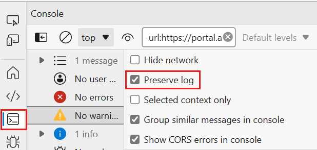 Edge の [コンソール] タブで [ログの保持] オプションが強調表示されているスクリーンショット。