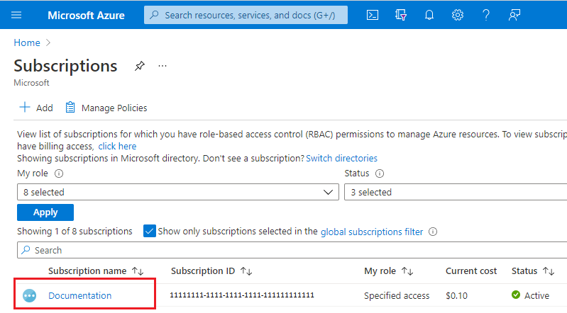 サブスクリプションの選択が強調表示された Azure portal のスクリーンショット。