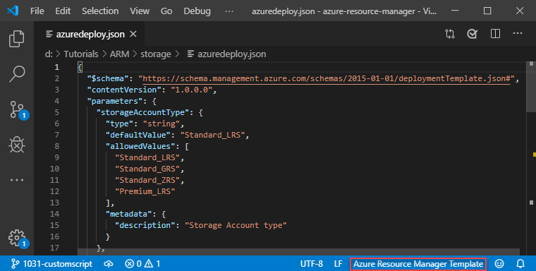 Azure Resource Manager テンプレート モードの Visual Studio Code のスクリーンショット。