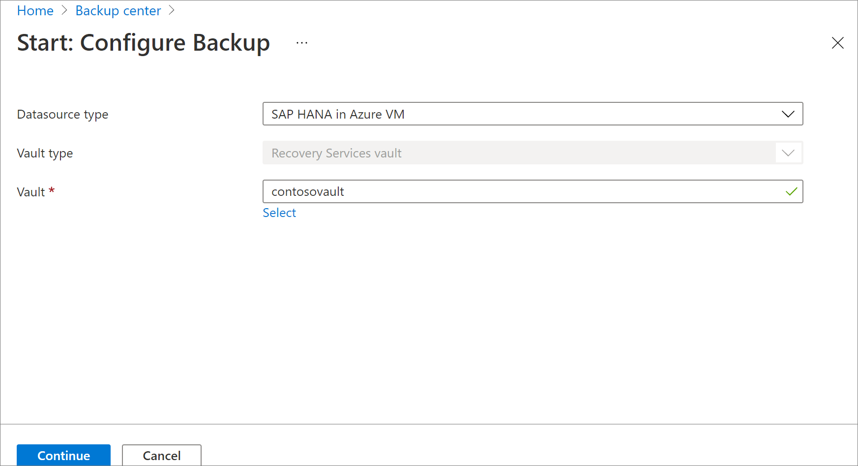 SAP HANA データベース バックアップ用の Recovery Services コンテナーの選択を示すスクリーンショット。