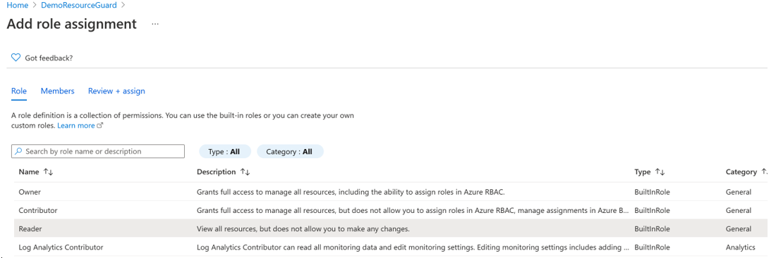 デモ リソース ガードの追加ロールの割り当てを示すスクリーンショット。