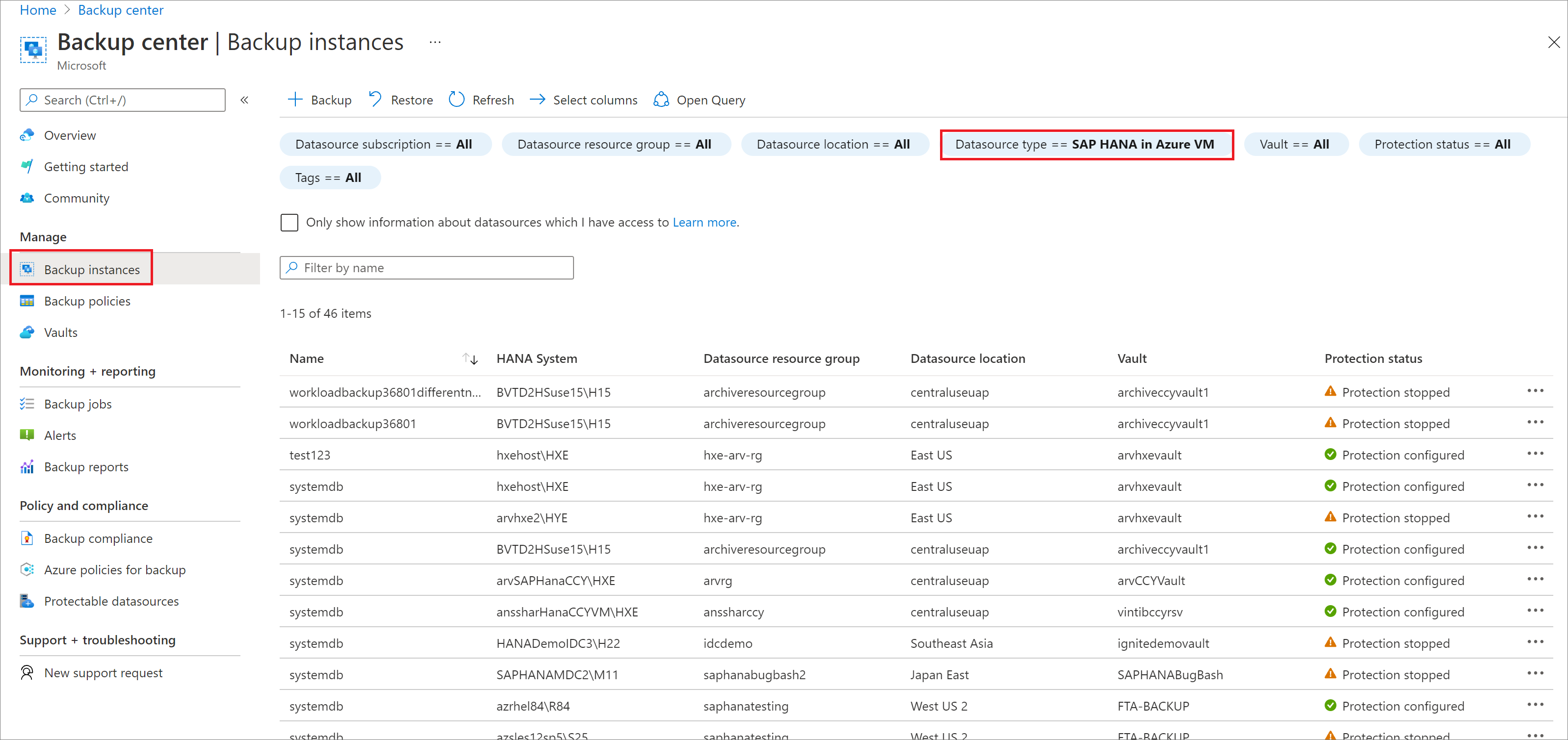 Azure VM でSAP HANAを選択する場所を示すスクリーンショット。