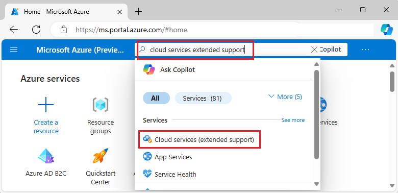 Azure portal での Cloud Services (延長サポート) の検索、および結果の選択を示すスクリーンショット。