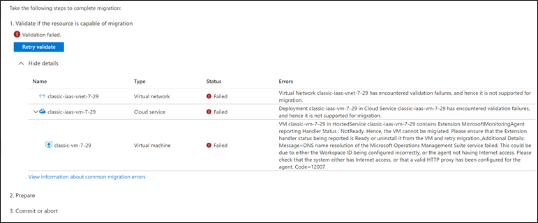 Azure portal での検証エラーを示す画像。