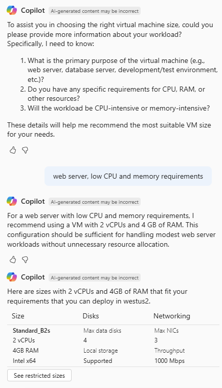 適切な VM サイズの決定に役立つ詳細を求める Azure Copilot を示すスクリーンショット。