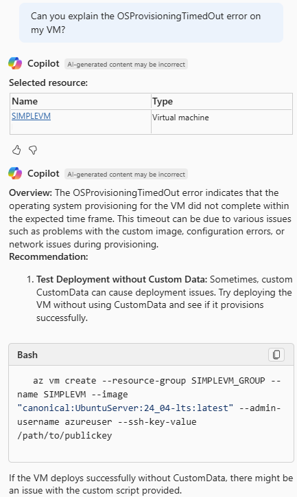 VM エラーとその解決方法を説明している Azure Copilot のスクリーンショット。