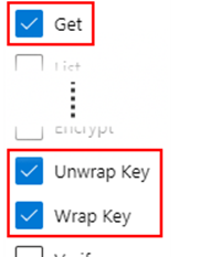 Get、Unwrap キー、Wrap キーなどのアクセス ポリシーのアクセス許可のスクリーンショット。