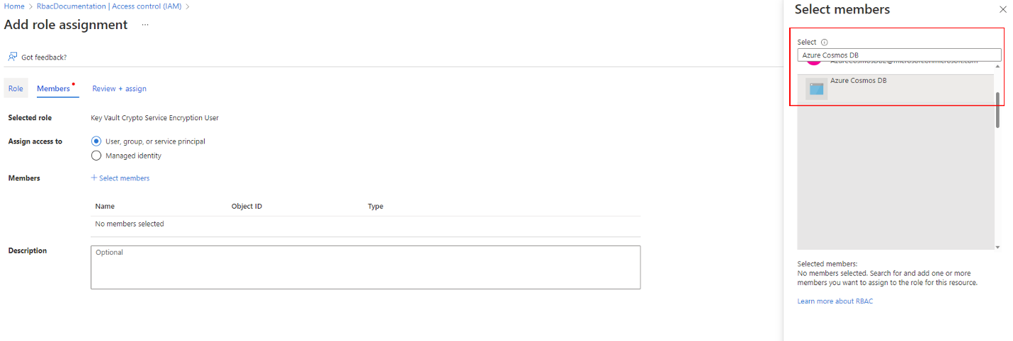 アクセス許可に割り当てられている Azure Cosmos DB プリンシパルのスクリーンショット。