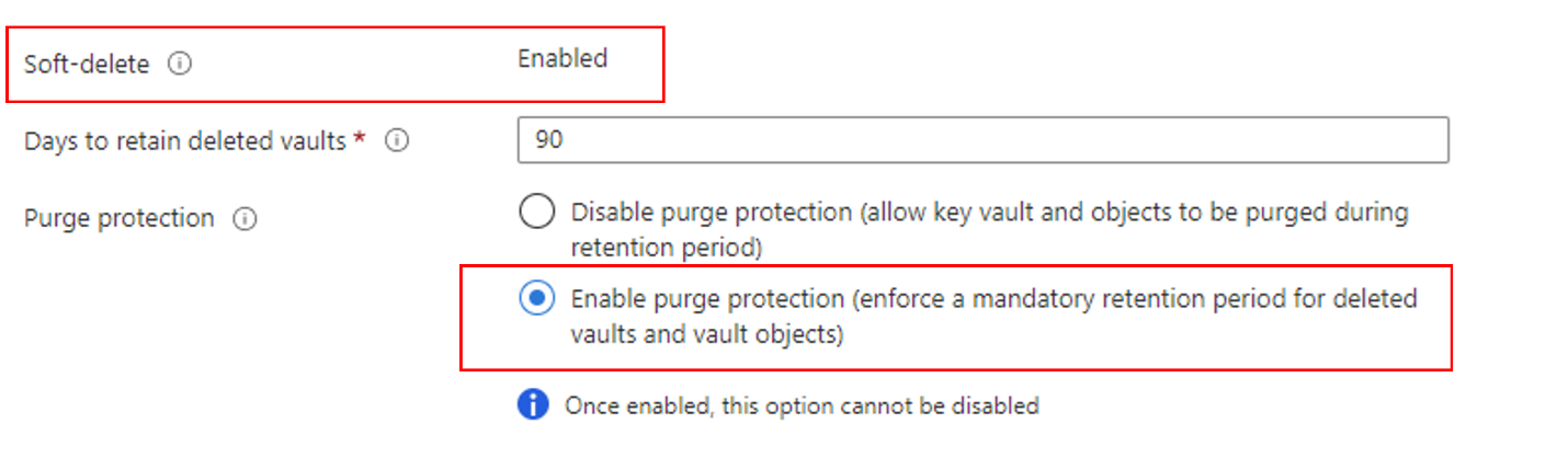 論理的な削除と消去保護を含む Azure Key Vault オプションのスクリーンショット。