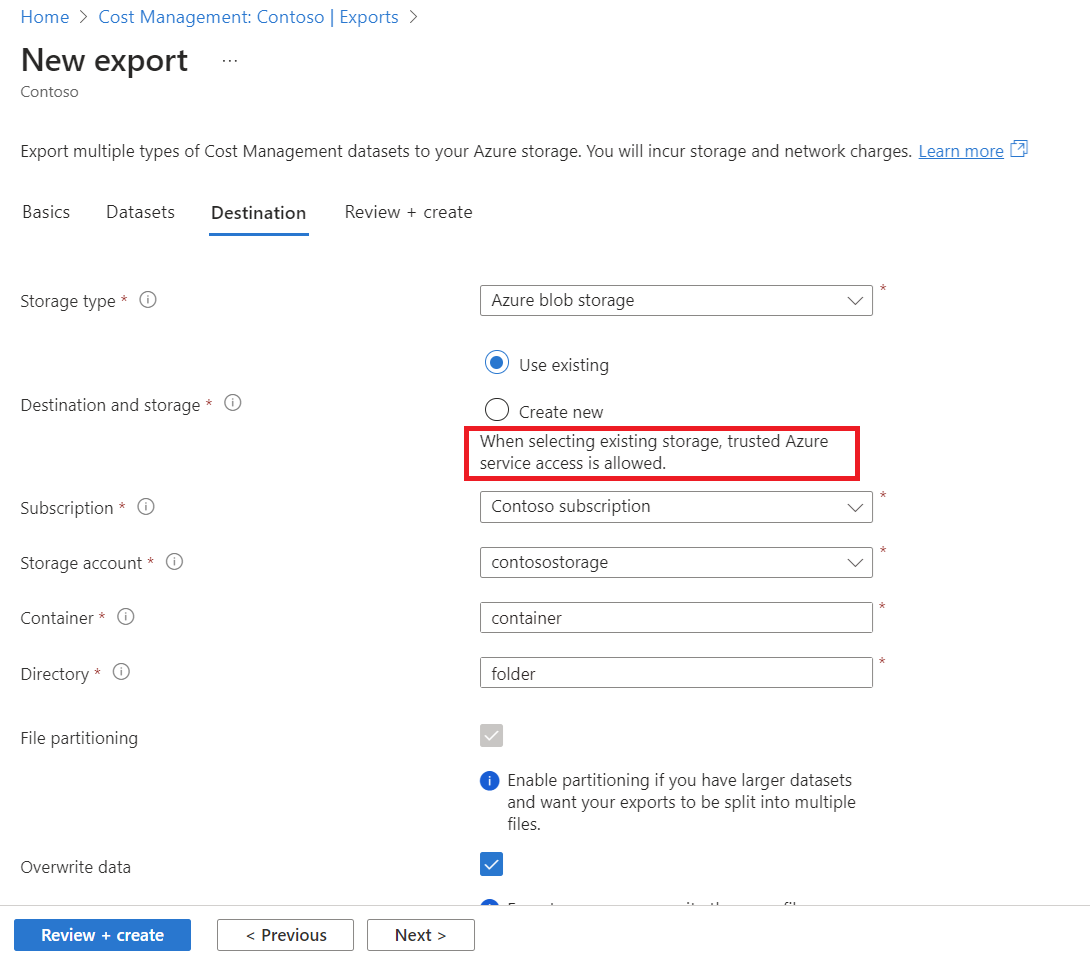 信頼された Azure サービス アクセスが許可されているメモを示すスクリーンショット。