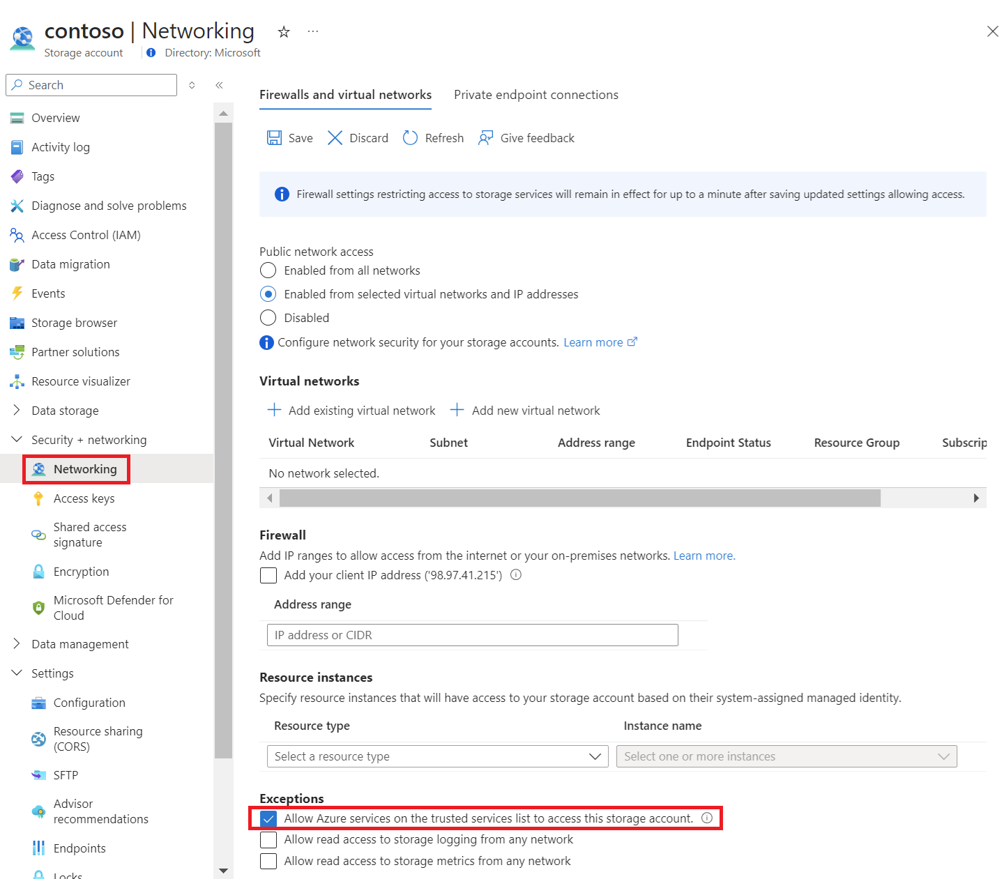 信頼されたサービスの一覧の例外オプションでの Azure サービスの許可を示すスクリーンショット。