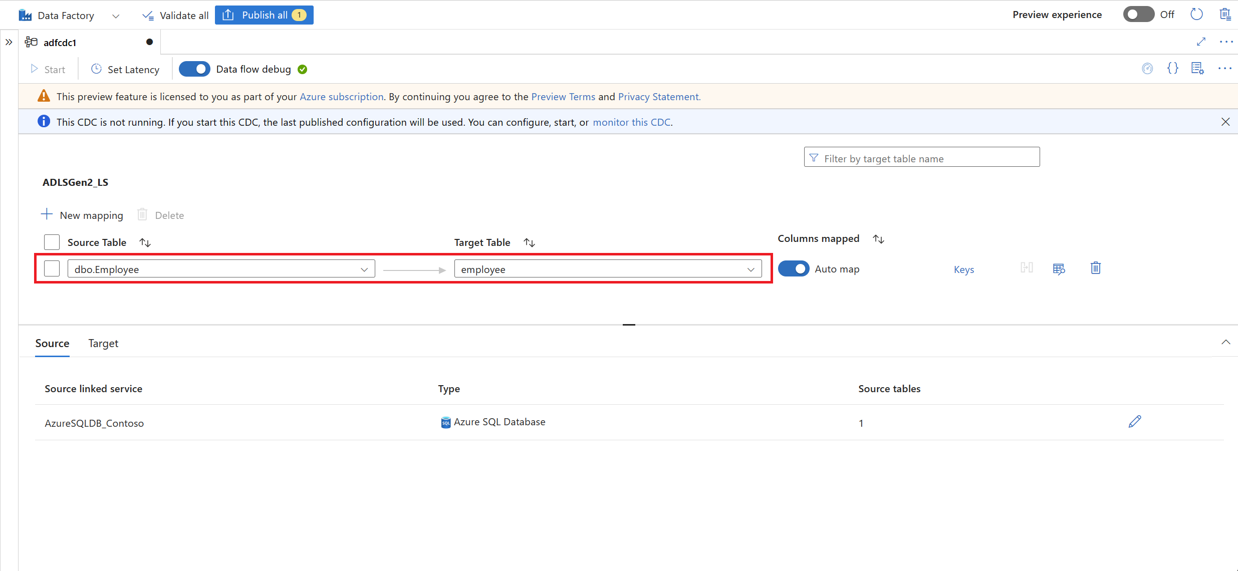 変更データ キャプチャ スタジオのソースとターゲットのマッピングのスクリーンショット。