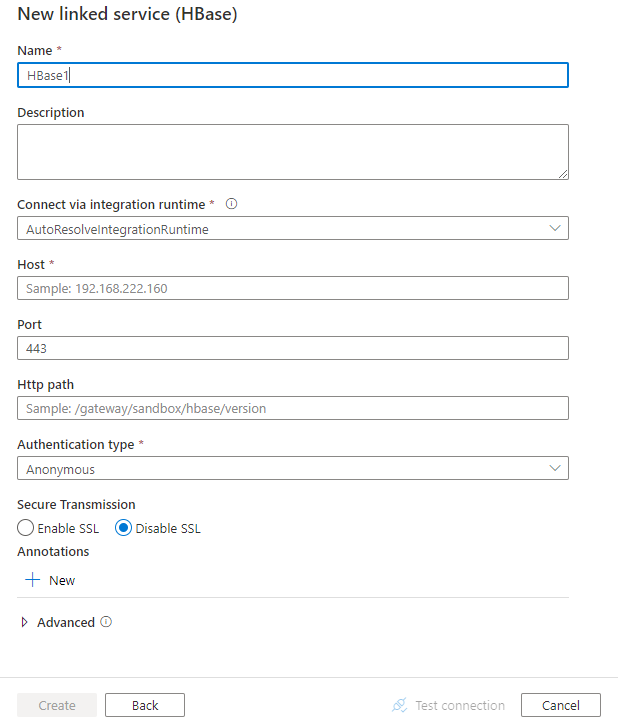 HBase のリンクされたサービス構成のスクリーンショット。
