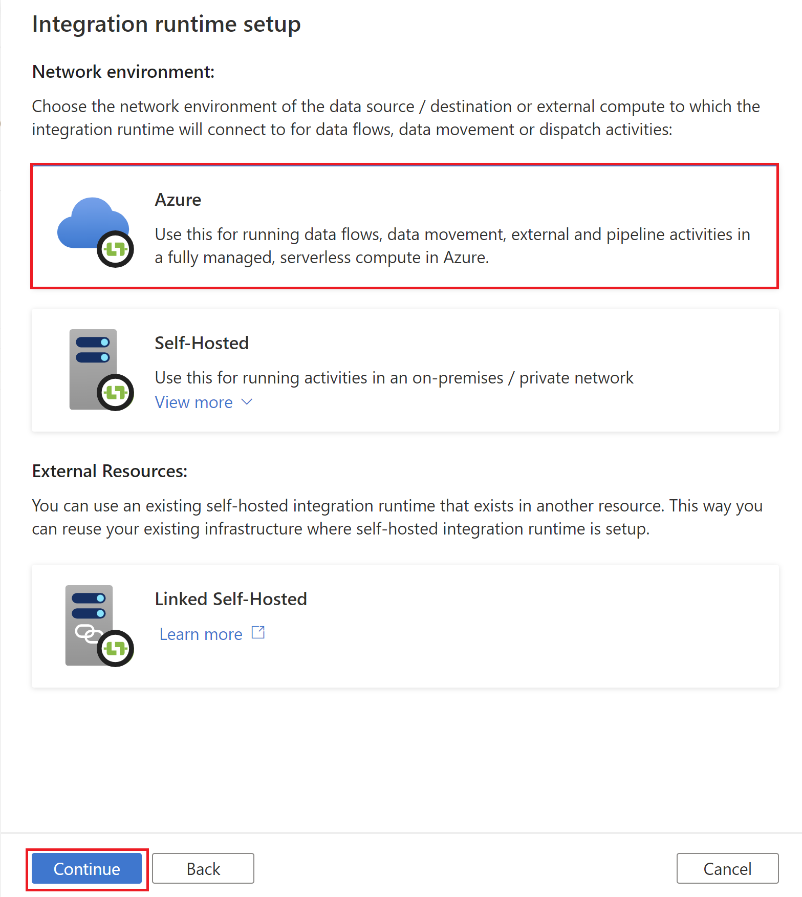 新しい Azure 統合ランタイムの作成を示すスクリーンショット。