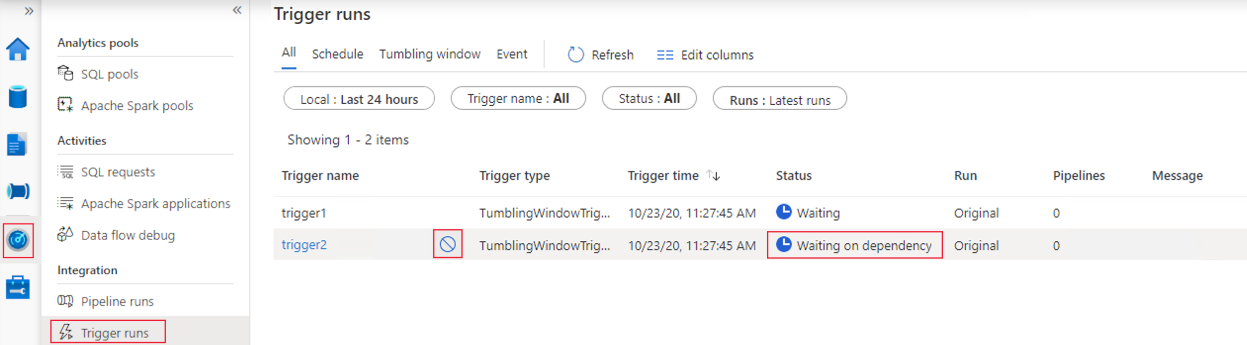 Azure Synapse の [監視] ページからタンブリング ウィンドウ トリガーのキャンセルを示すスクリーンショット