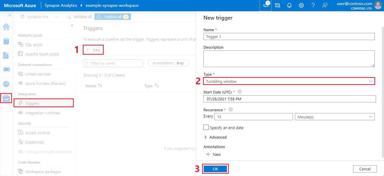 Azure Synapse の Azure ポータルでタンブリング ウィンドウ トリガーを作成する様子を示すスクリーンショット。