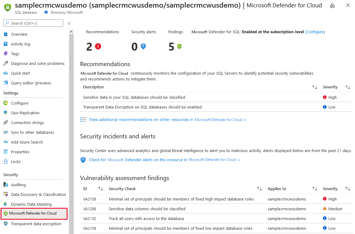 Azure Security Center の SQL 用セキュリティ機能が Azure SQL 内から利用可能