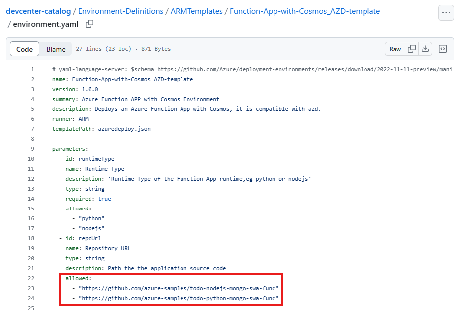 ソース テンプレートが強調表示された environment.yaml ファイルを示す GitHub リポジトリのスクリーンショット。