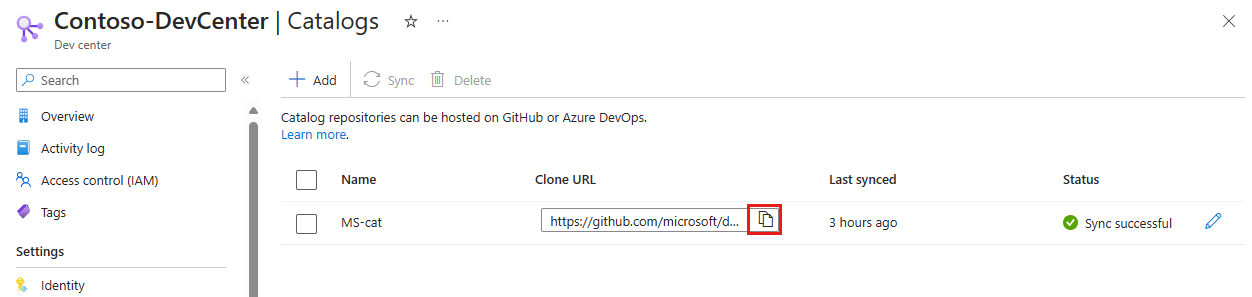 複製 URL が強調表示されている、デベロッパー センターにアタッチされているカタログを示す Azure portal のスクリーンショット。