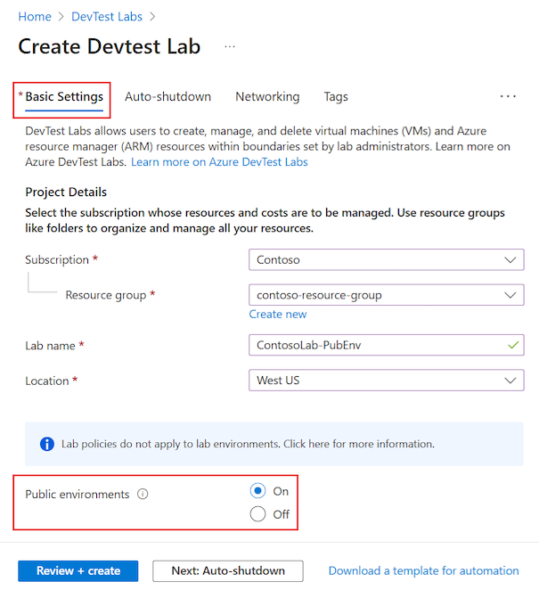 ラボの作成プロセス中にラボのパブリック環境リポジトリを有効にする方法を示すスクリーンショット。