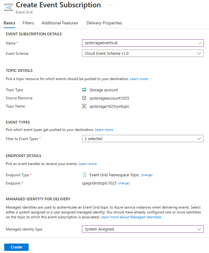 Event Grid Basic から Event Grid 名前空間トピックにイベントを転送するためのサブスクリプションの作成方法を示すスクリーンショット。