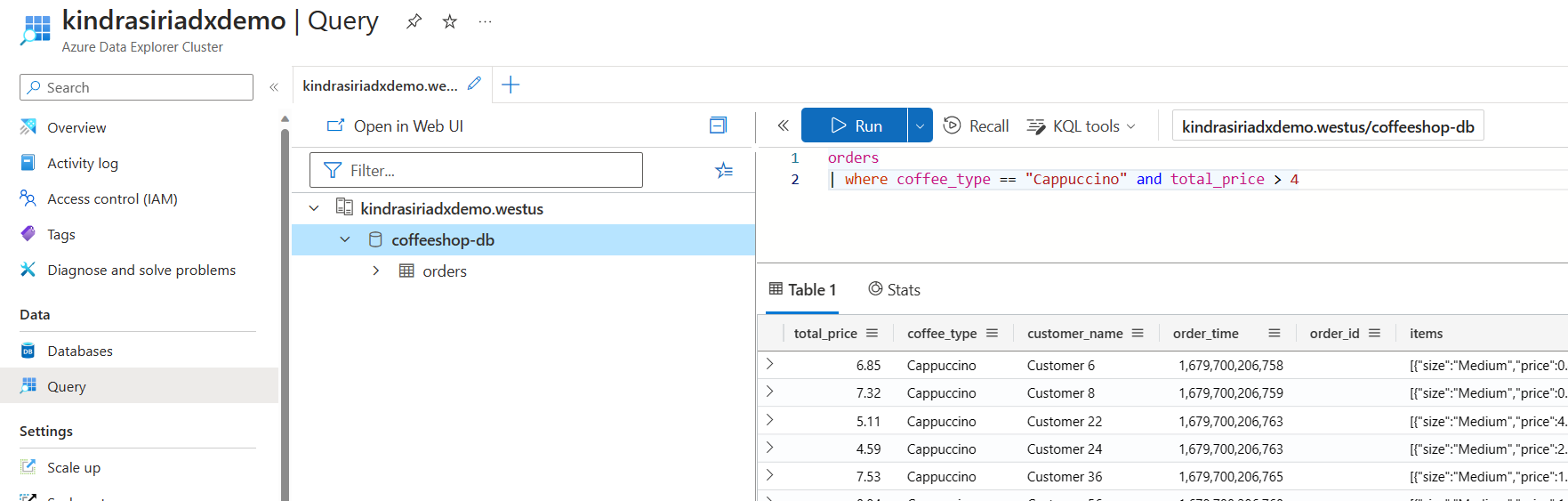 Azure Data Explorer のクエリと出力を示す図。