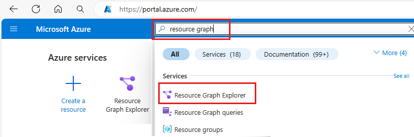 Azure portal での resource graph の検索を示すスクリーンショット。