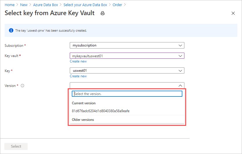 Azure Key Vault の [キーの作成] 画面のスクリーンショット。[バージョン] フィールドが強調され、使用可能なバージョンが表示されています。