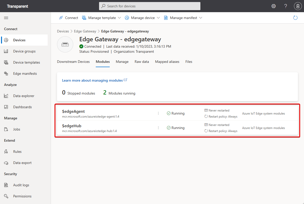 IoT Edge ゲートウェイで実行されている $edgeAgent と $edgeHub バージョン 1.4 モジュールを示すスクリーンショット。
