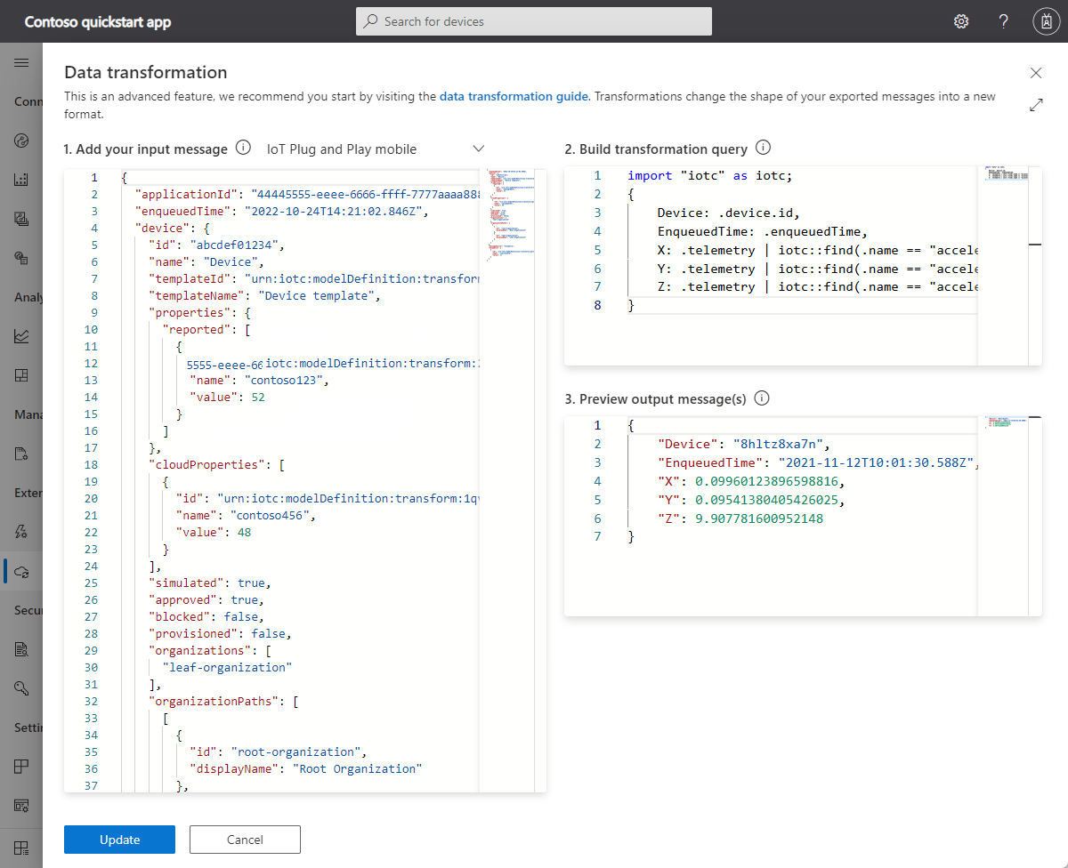 Screenshot that shows the data transformation query for the export.
