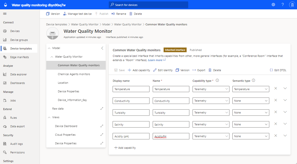 水質監視デバイス テンプレートを示すスクリーンショット。