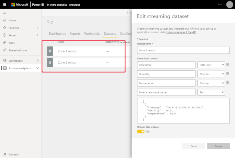 Power BI のゾーン 1 センサー データセット定義を示すスクリーンショット。