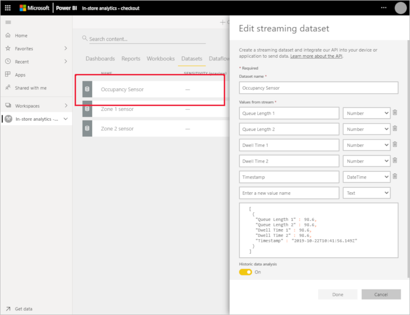 Power BI の占有率データセットの定義を示すスクリーンショット。