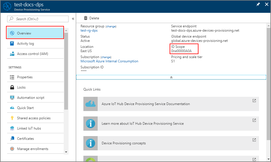 Copy provisioning service Scope ID from the portal blade