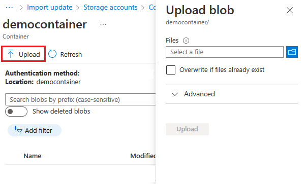 [アップロード] の選択を示すスクリーンショット。