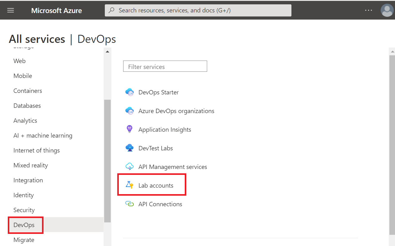 Azure portal の [すべてのサービス] ページのスクリーンショット。Dev Ops カテゴリと DevTest Labs の項目が強調表示されています。